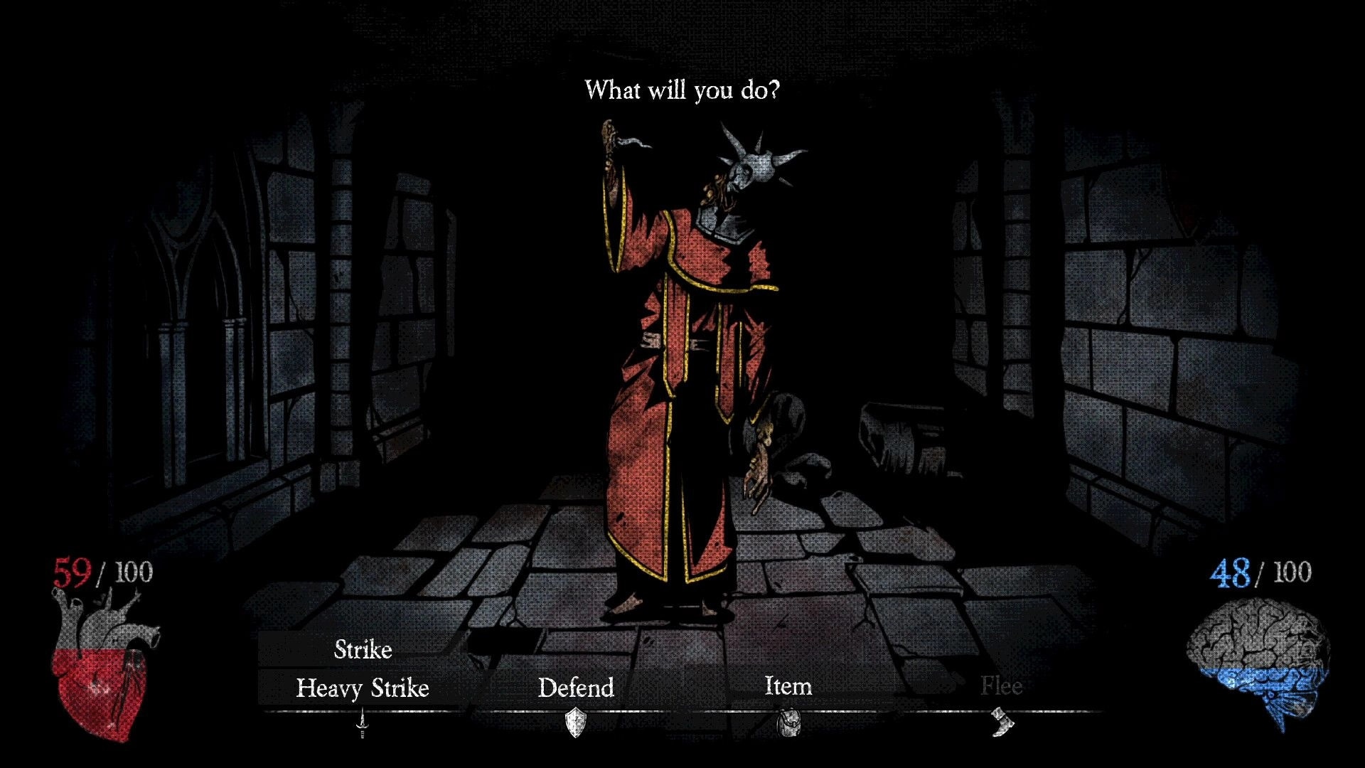 Scorched Sun: Turn-based combat choice menu facing a robed horned foe in a dark stone corridor.
