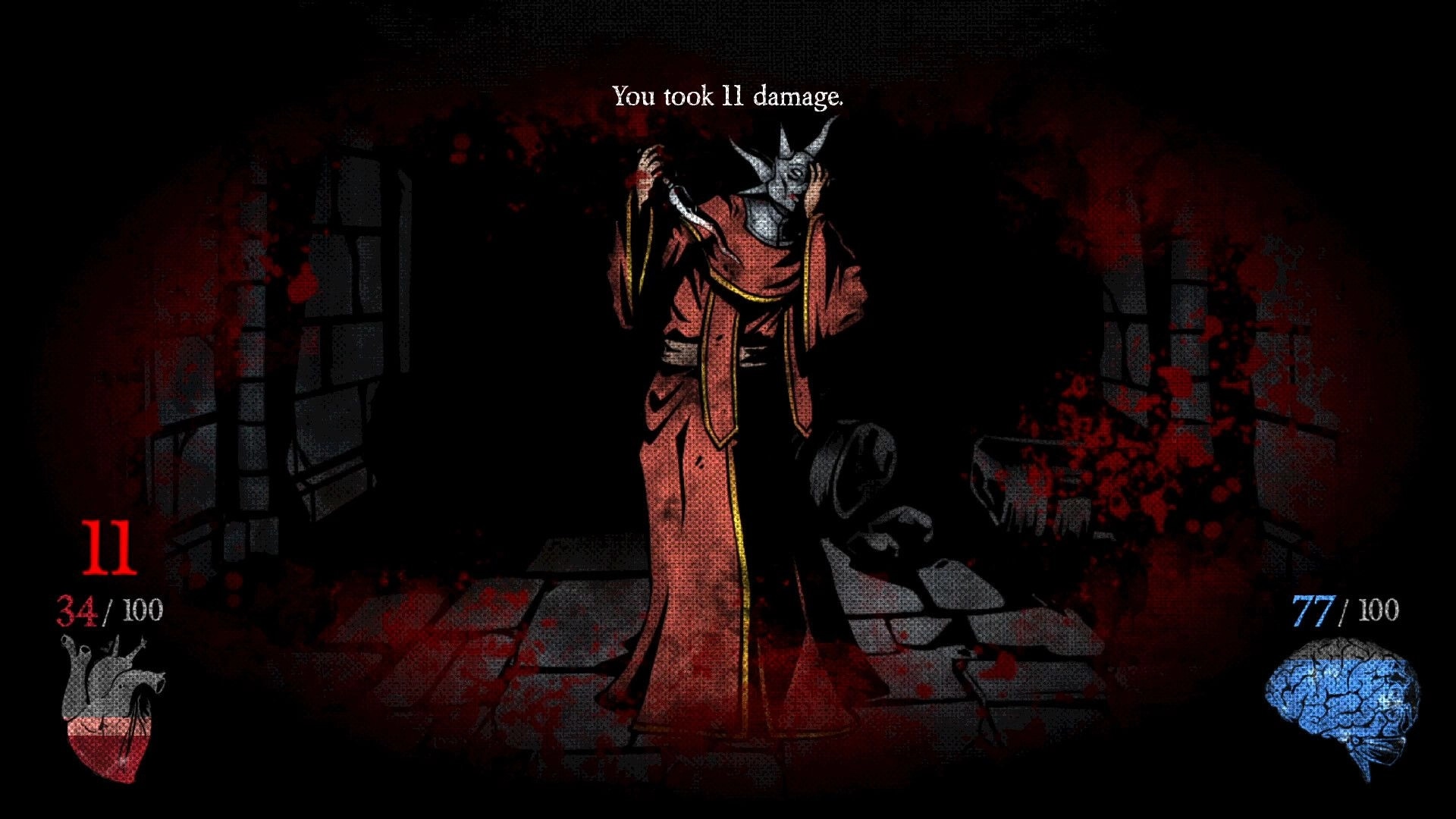 Scorched Sun: You took 11 damage text over robed masked foe in dark stone corridor with blood vignette.