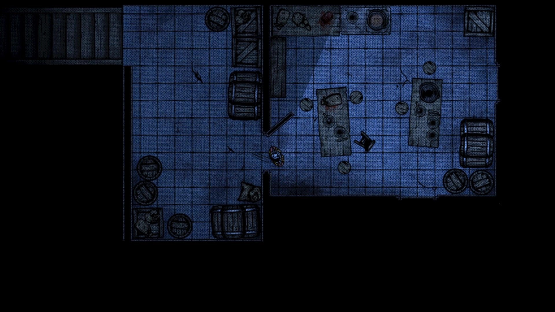 Scorched Sun: Top-down player token explores a dim tiled dining hall with tables, barrels, and debris.
