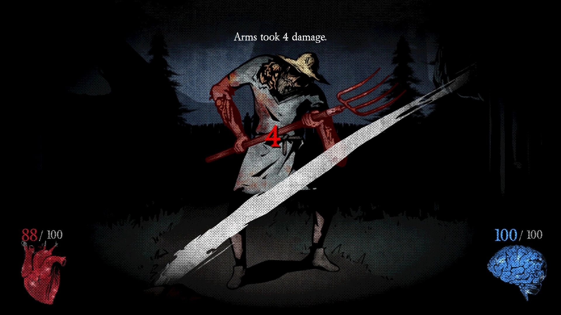 Scorched Sun: Turn-based hit lands for 4 damage on a pitchfork enemy in a dark forest battle UI.