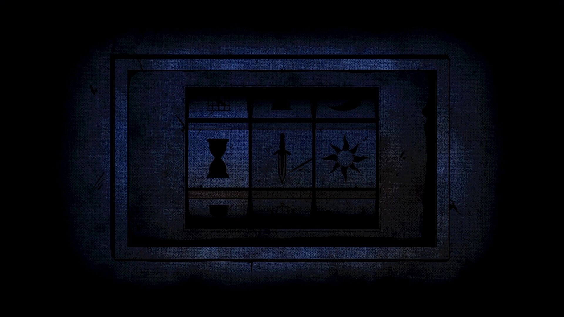 Scorched Sun: Puzzle panel with hourglass, sword, and sun icons in a dim, worn stone frame.