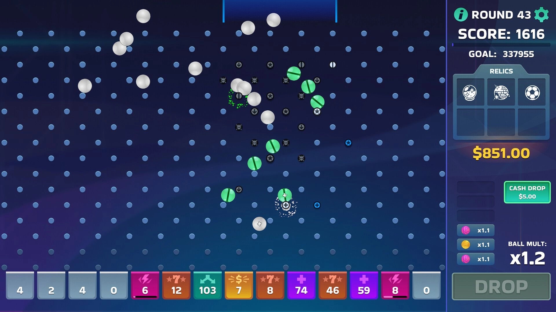 Scorefall: Balls dropping through pegs, score and cash displayed, with relics and upgrades interface visible.