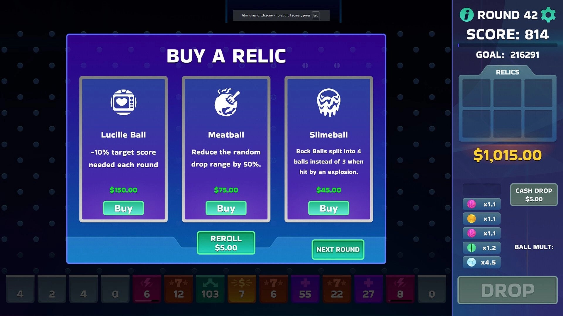 Scorefall: Relic shop interface displaying Soccer, Crystal, and Disco Ball options on a dark grid background
