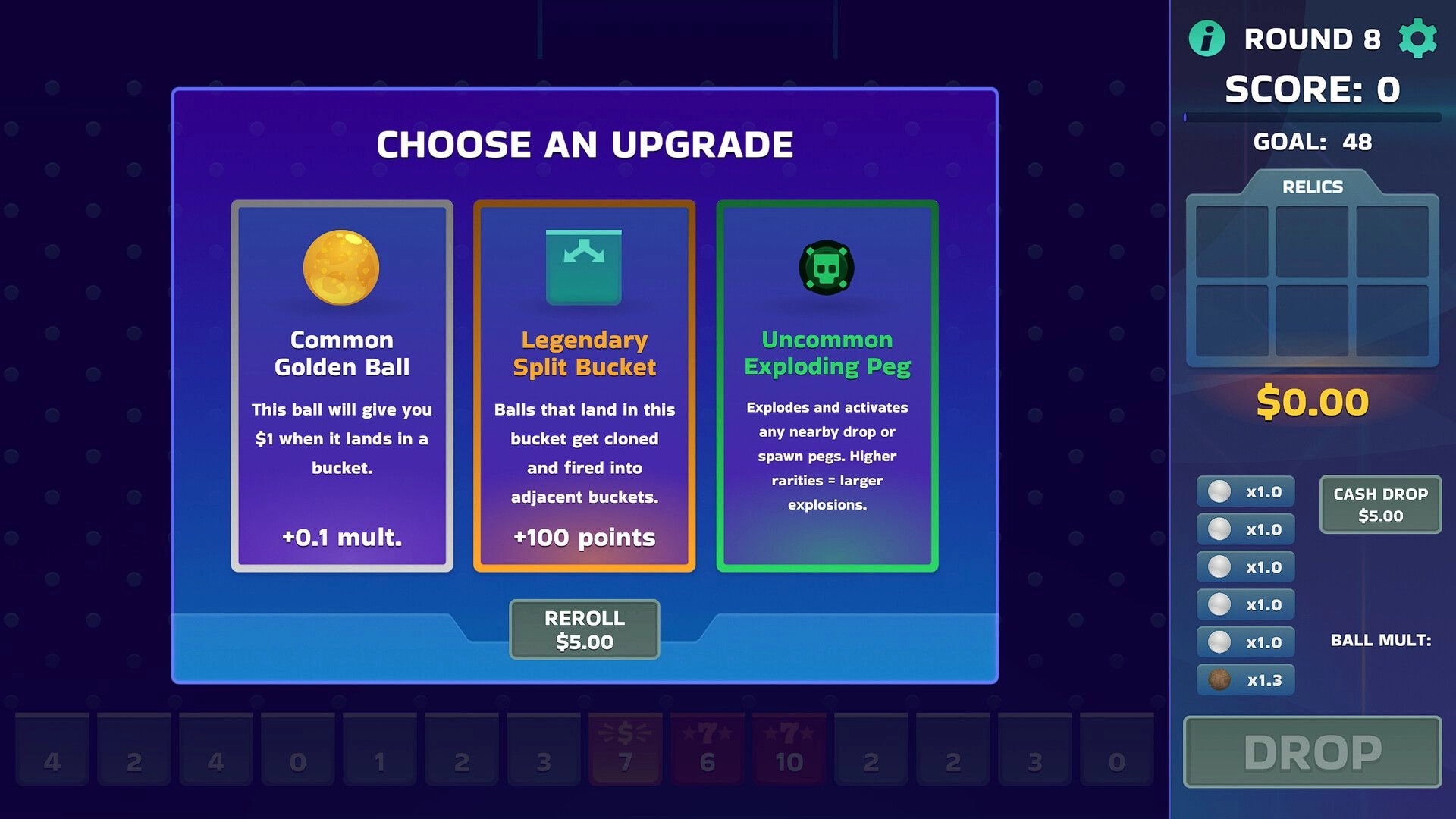 Scorefall: Upgrade selection screen with options for Epic Points Bucket and Uncommon Ball Spawn Peg