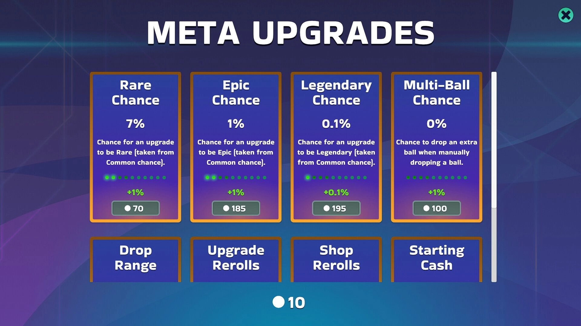 Scorefall: Meta upgrades menu displaying options for Rare, Epic, Legendary, and Multi-Ball chances.
