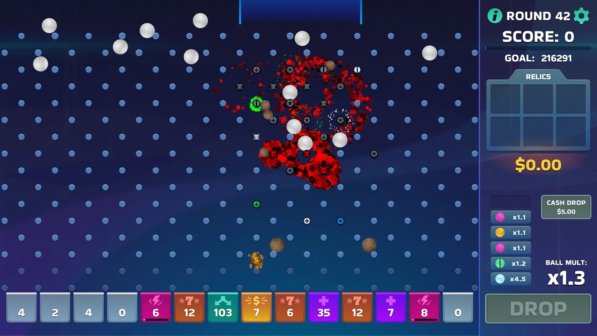 Scorefall: Balls dropping through pegs with score goals and upgrades displayed on the interface.