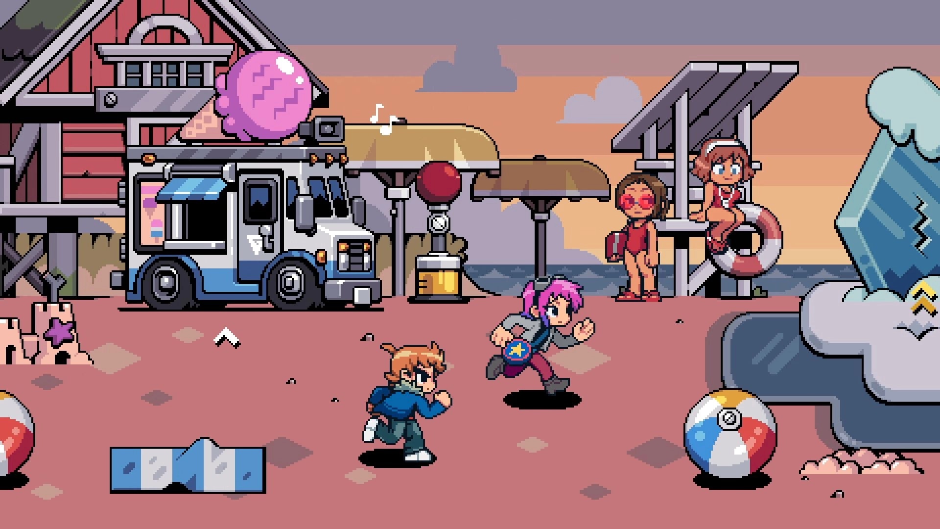 Scott Pilgrim EX: Scott and Ramona run across a beach boardwalk by an ice cream truck at sunset.
