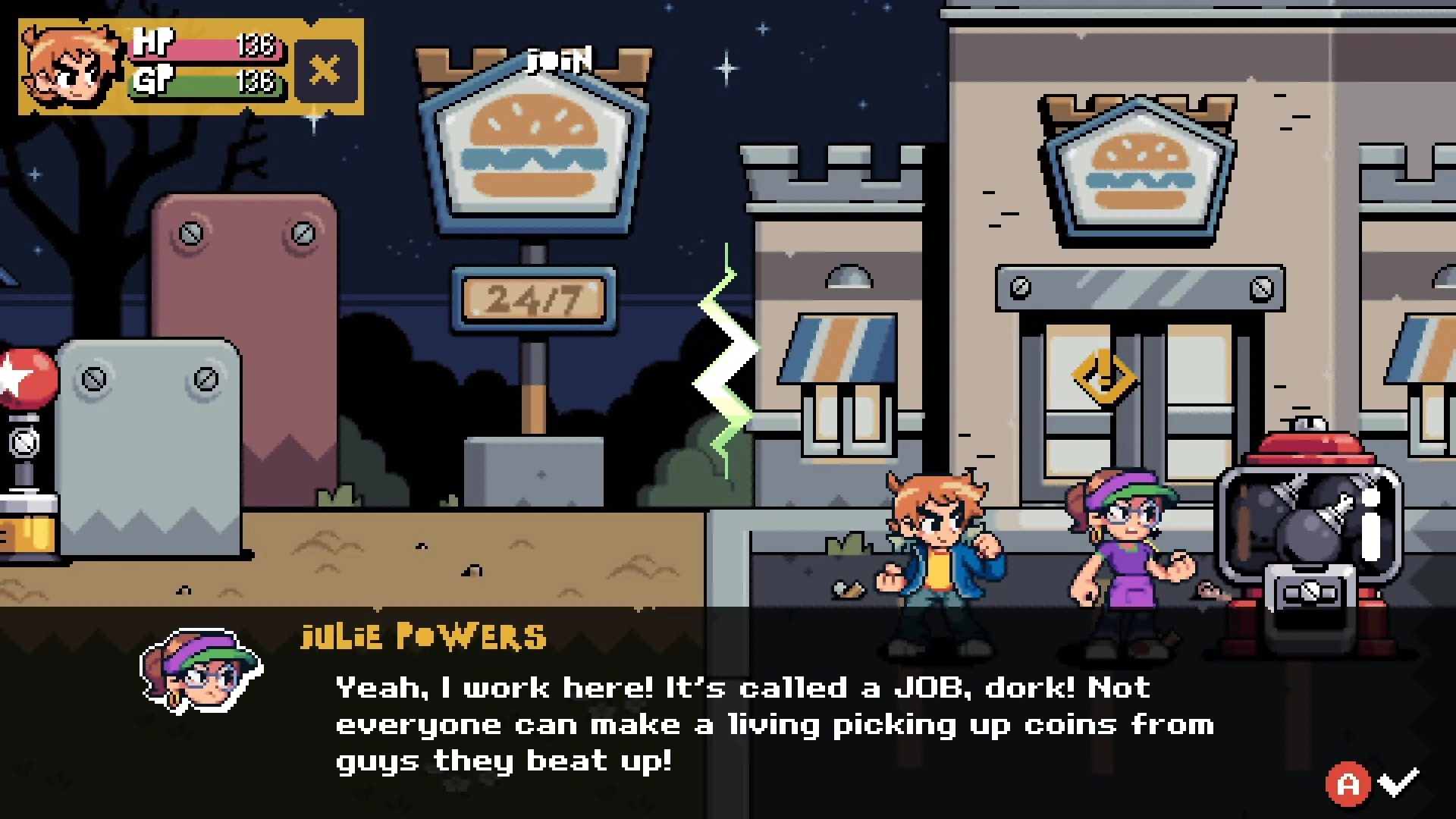 Scott Pilgrim EX: Julie Powers dialogue with Scott outside 24/7 burger shop at night in Toronto.