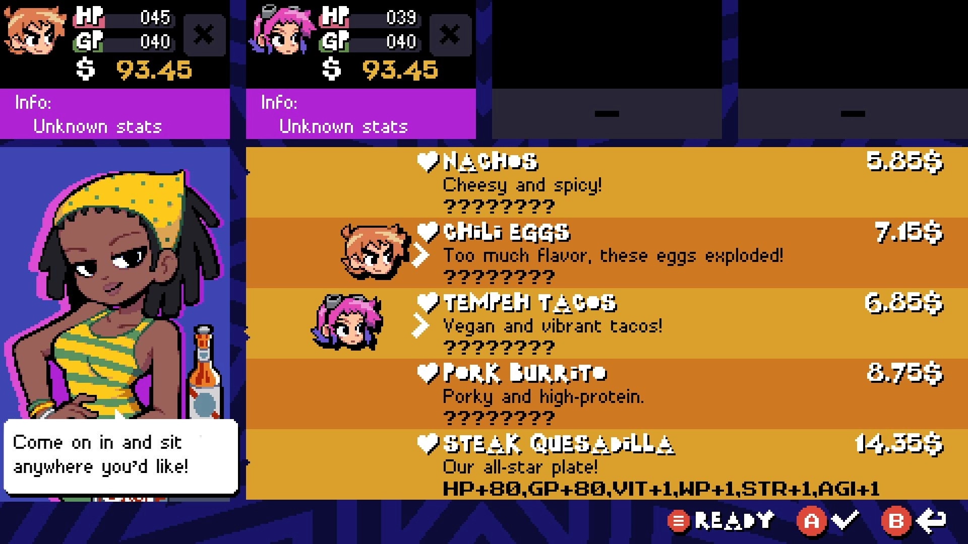 Scott Pilgrim EX: Restaurant shop menu listing food buffs and prices beside a waitress portrait.