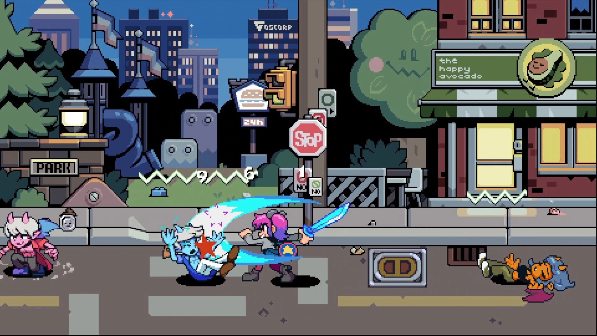 Scott Pilgrim EX: Ramona slashes a blue enemy on a city street beside The Happy Avocado shopfront.