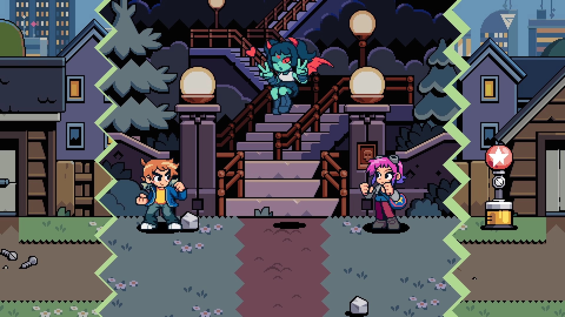 Scott Pilgrim EX: Scott and Ramona face a demon girl on steps outside houses at night in town.