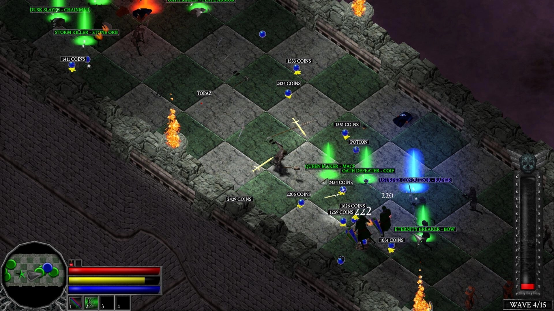 Scourge Realms: Loot-filled battle aftermath with coin stacks and glowing drops on a stone battlement.