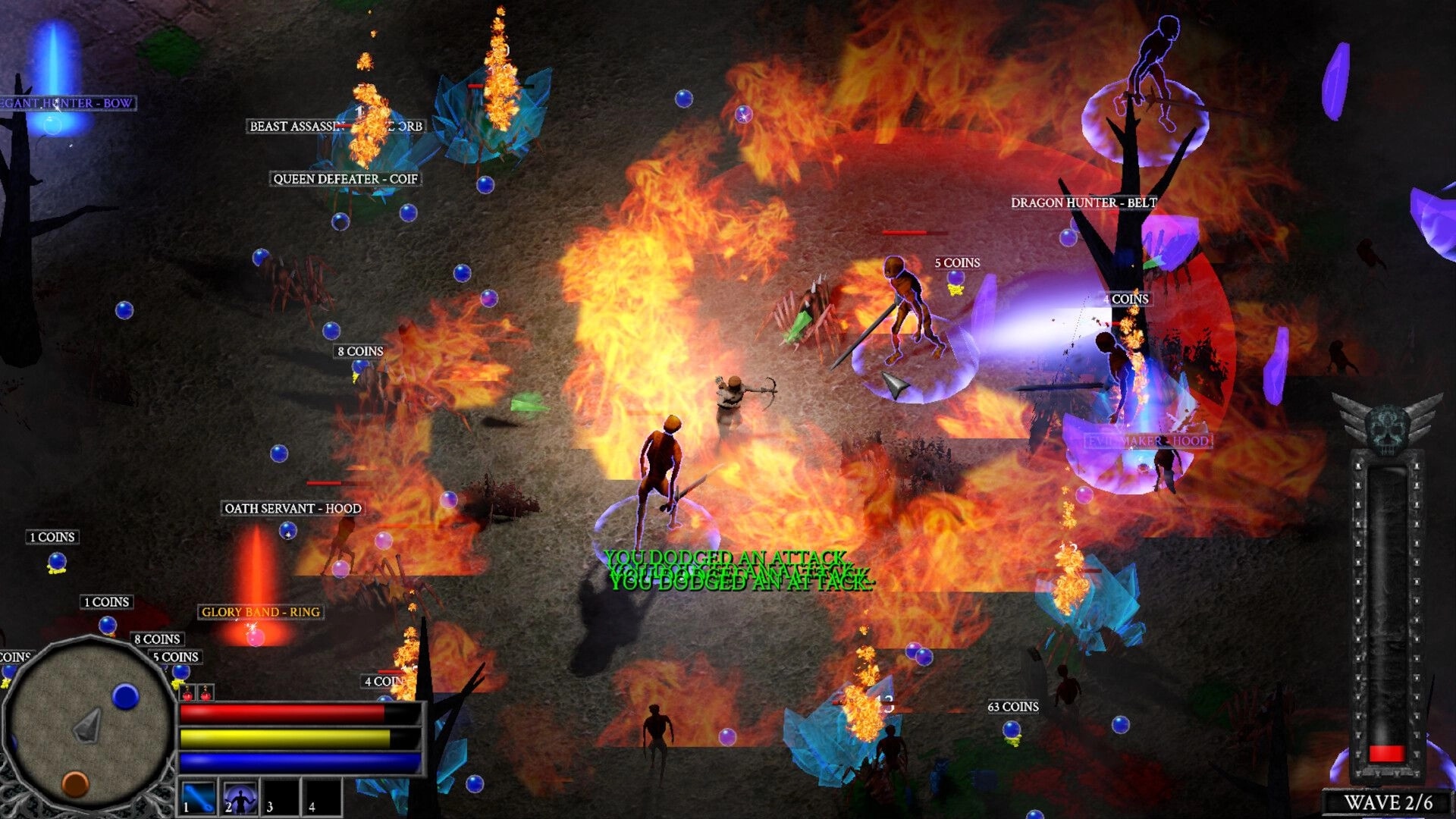 Scourge Realms: Fire-filled battle with shadow enemies and loot labels in a scorched wasteland arena.