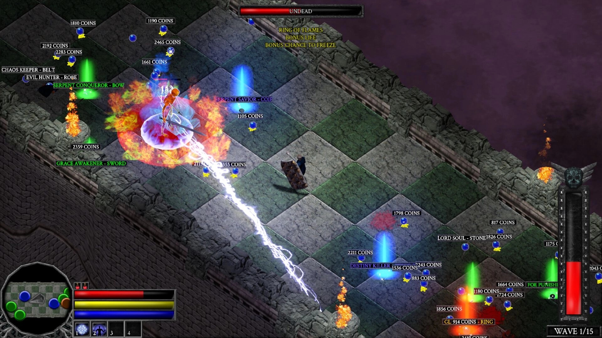Scourge Realms: Lightning strikes undead amid loot labels and coins on a tiled stone fortress walkway.