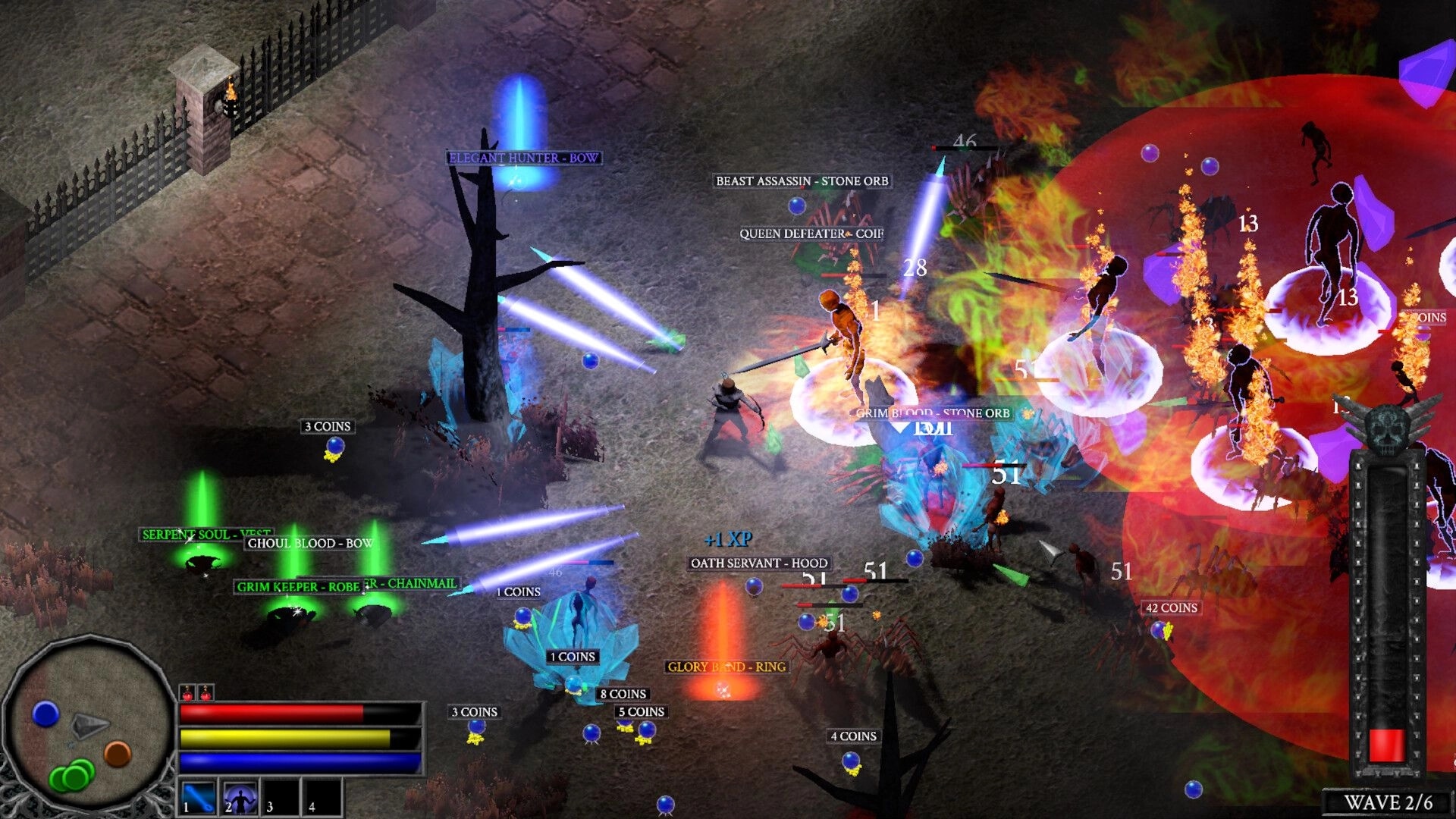 Scourge Realms: Loot-filled battle with spell beams and explosions on a stone path near iron fence.