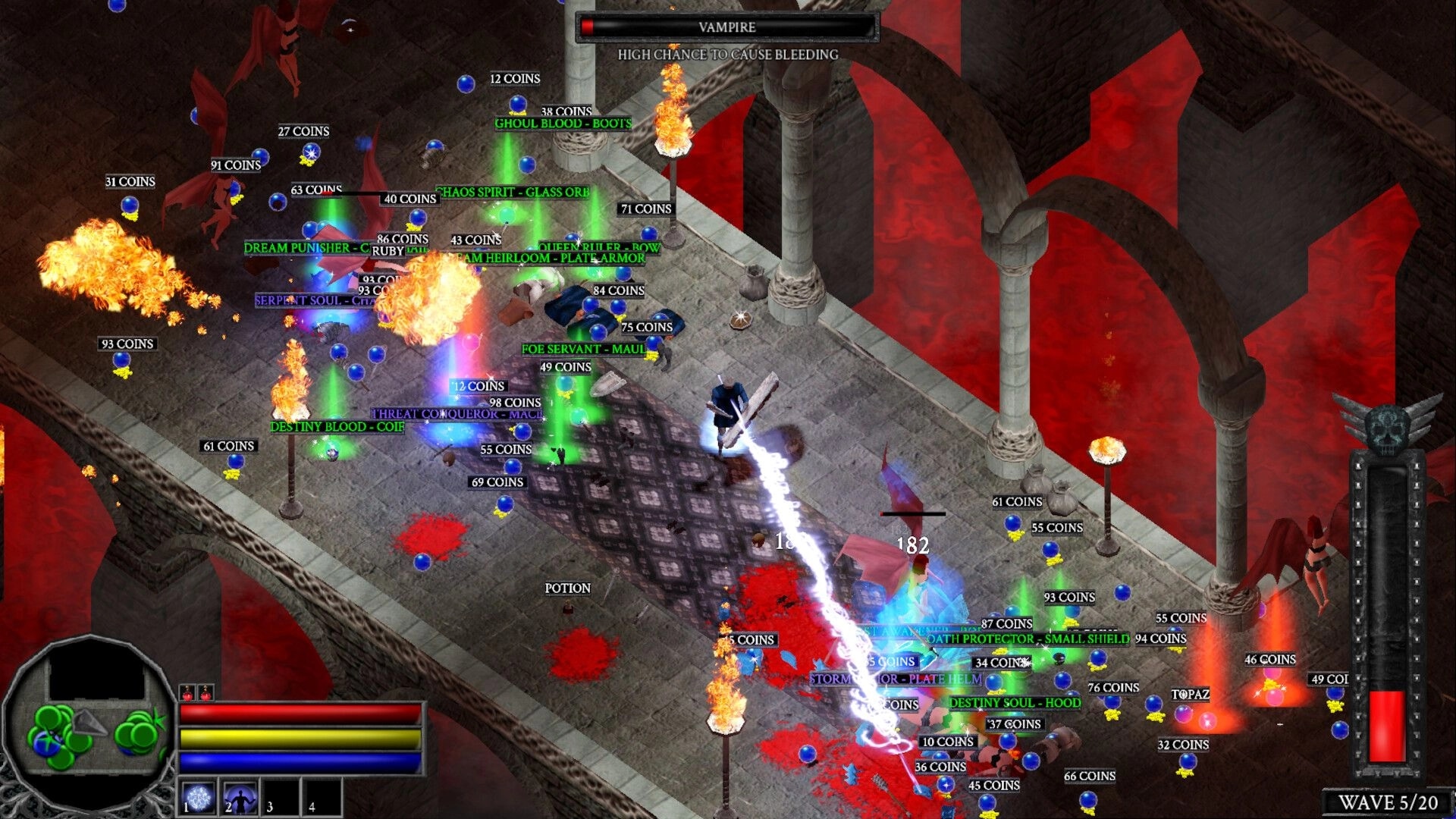 Scourge Realms: Lightning attack and loot labels amid coin drops on a lava-arched stone bridge.
