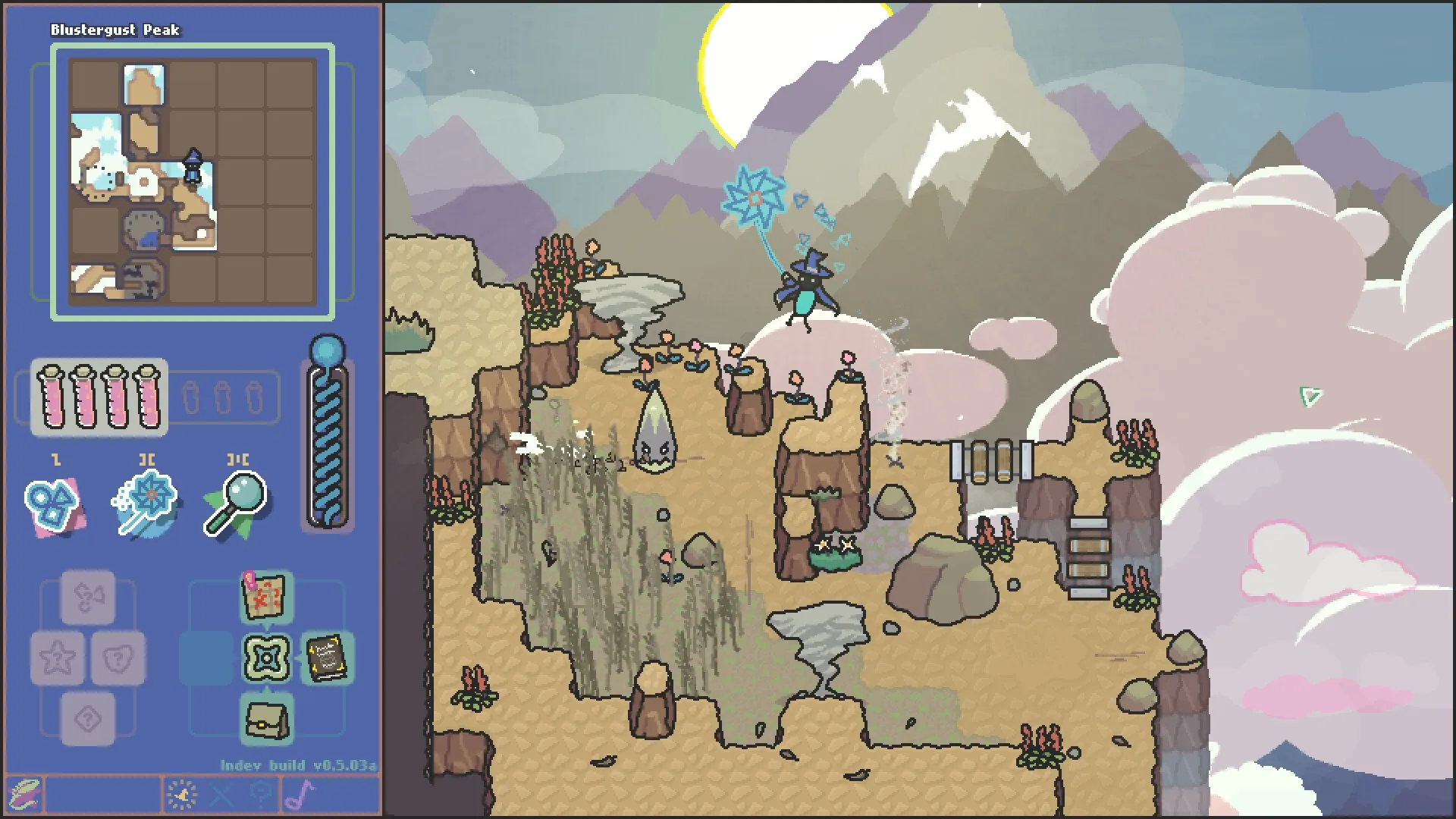 Scrabdackle: Wizard casts spell on mountain ledge with inventory and map UI visible at Blustergust Peak