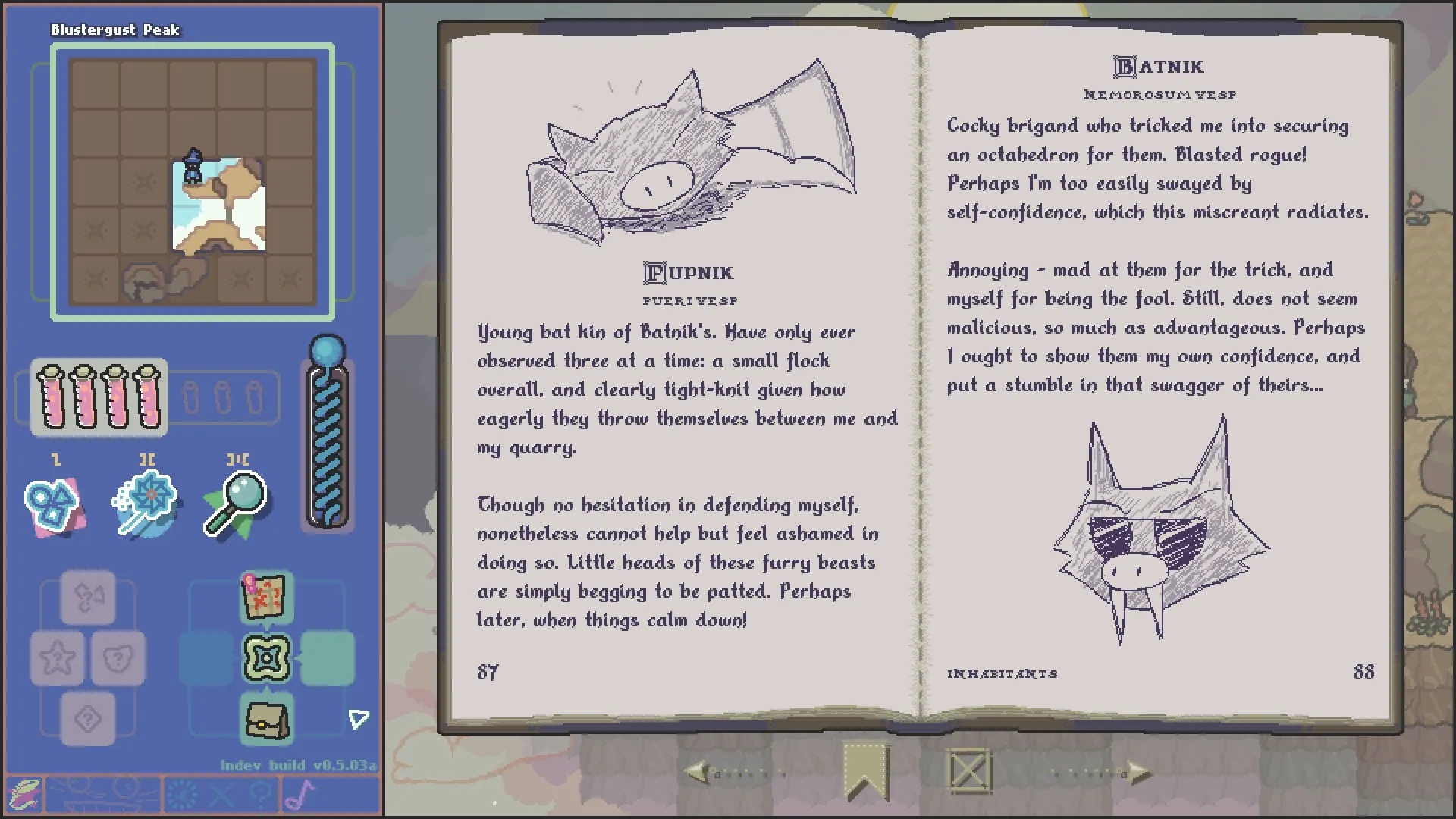 Scrabdackle: Inventory and map interface with creature lore entries open at Blustergust Peak location