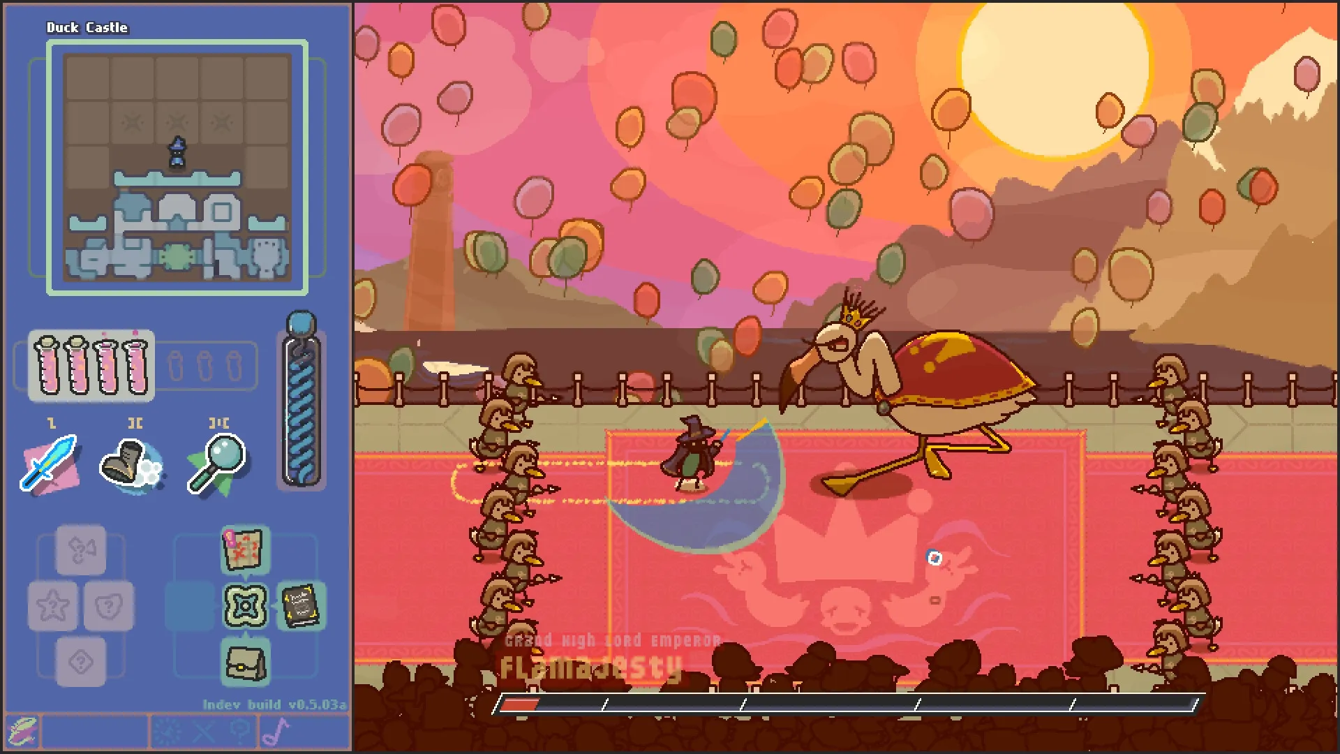 Scrabdackle: Wizard battles Grand High Lord Emperor Flambesty in Duck Castle arena with map and inventory.