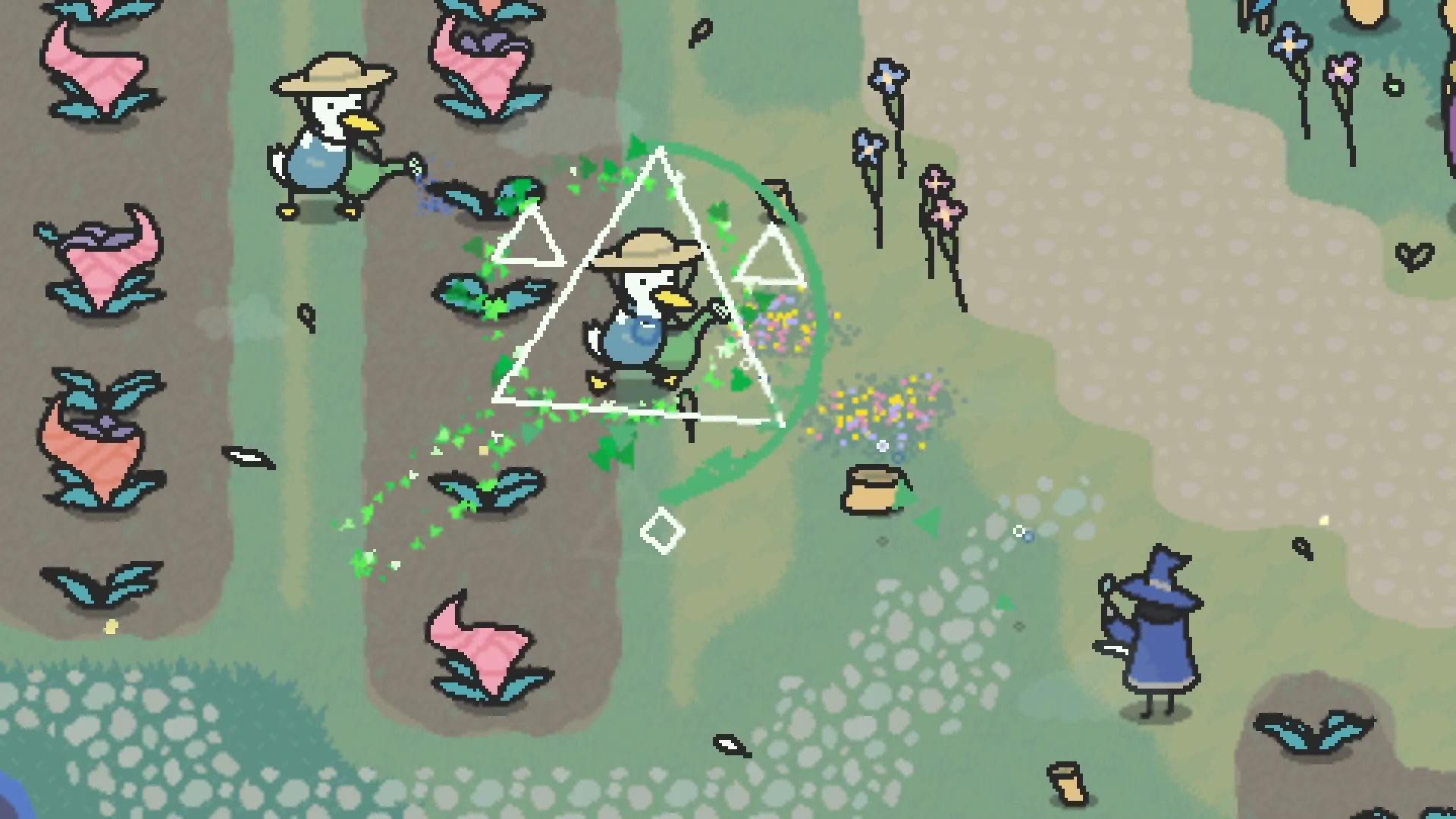 Scrabdackle: Wizard casts spell on duck-like creatures in a colorful garden with vibrant flowers.