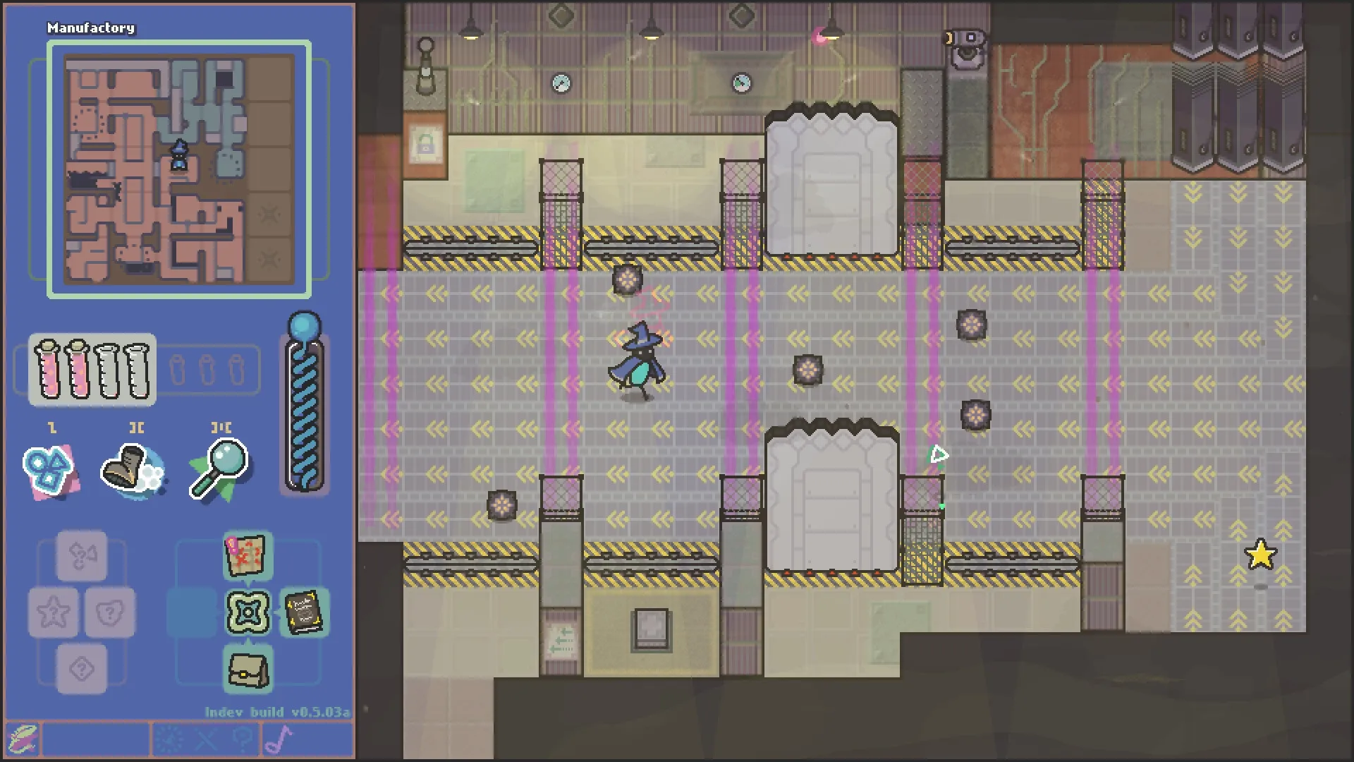 Scrabdackle: Wizard navigating conveyor belts in a factory with map and inventory interface displayed