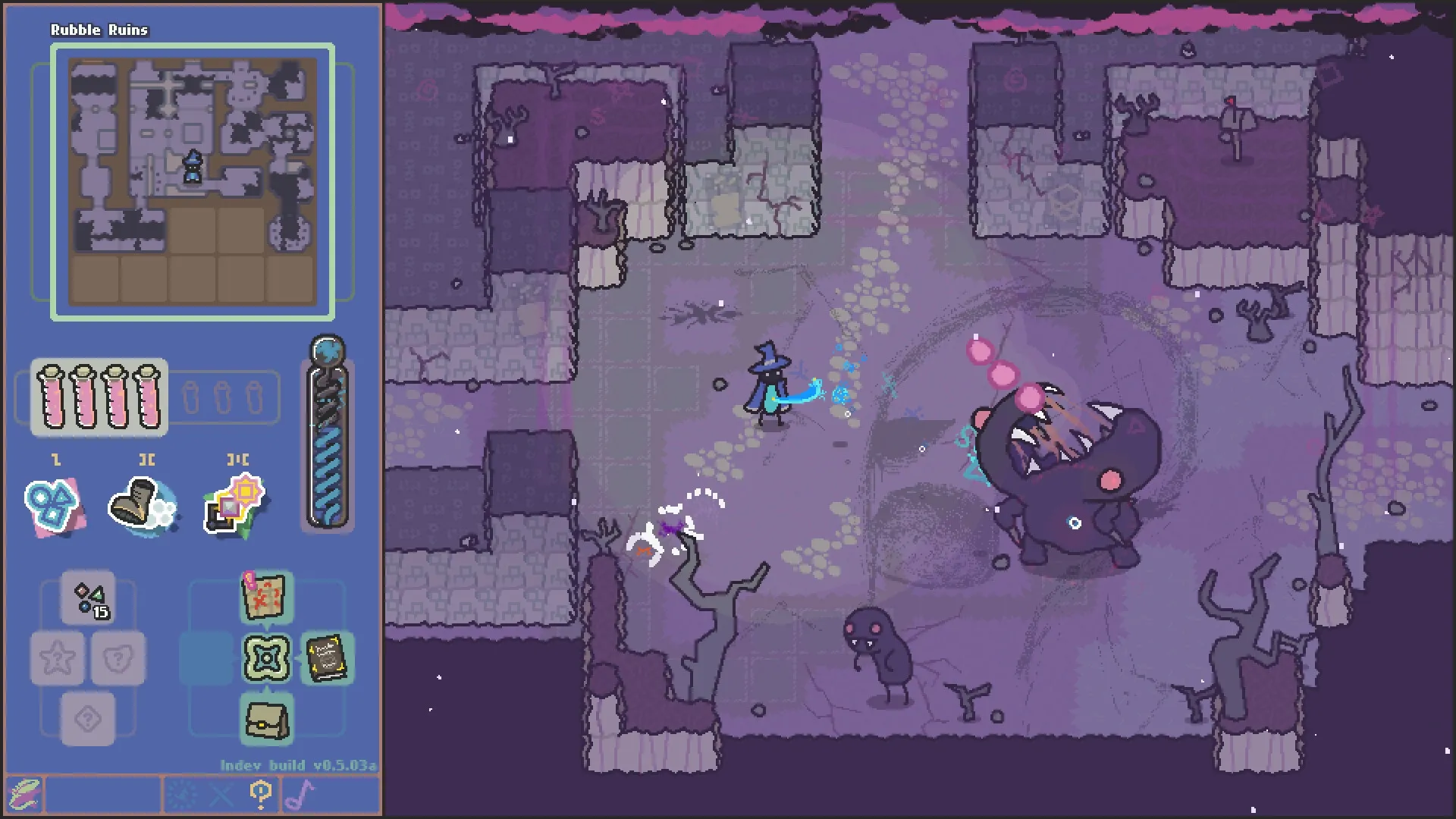 Scrabdackle: Wizard casting spell against monster in Rubble Ruins with map and inventory on screen.