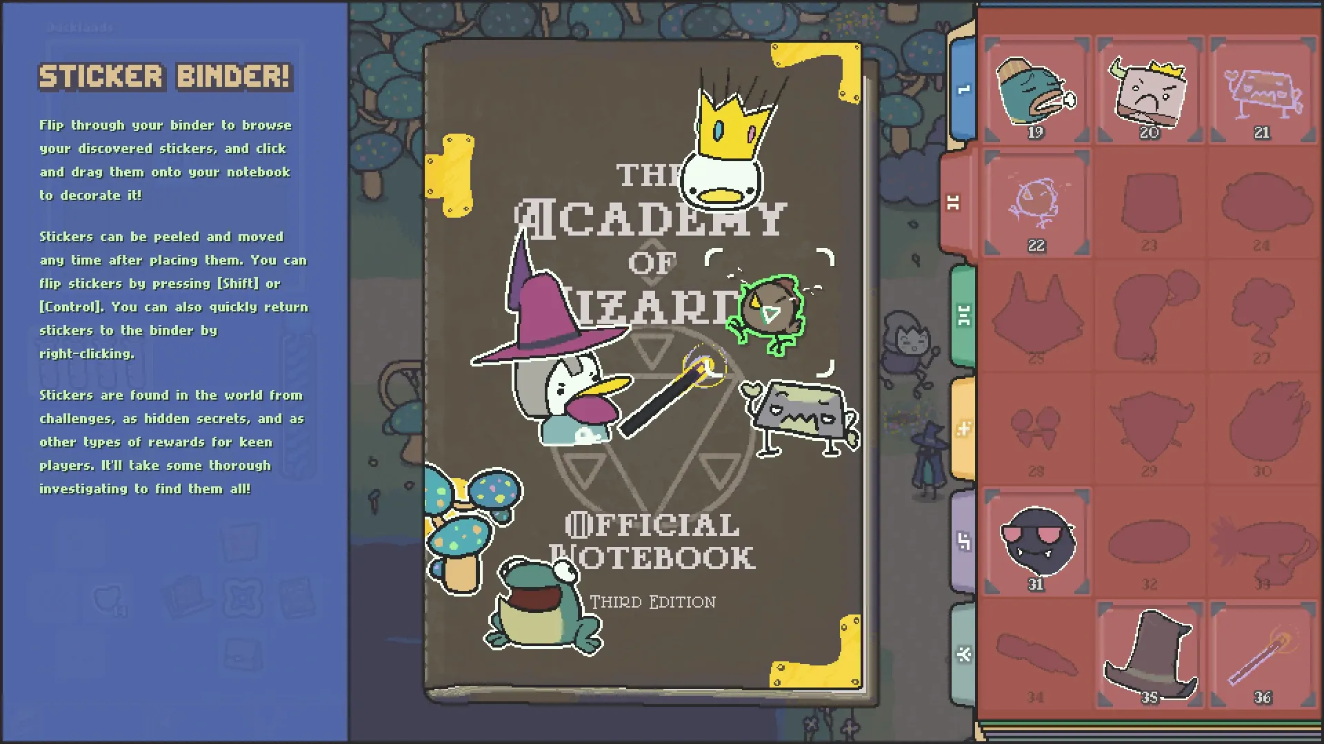 Scrabdackle: Sticker binder interface with various quirky stickers and notebook customization options