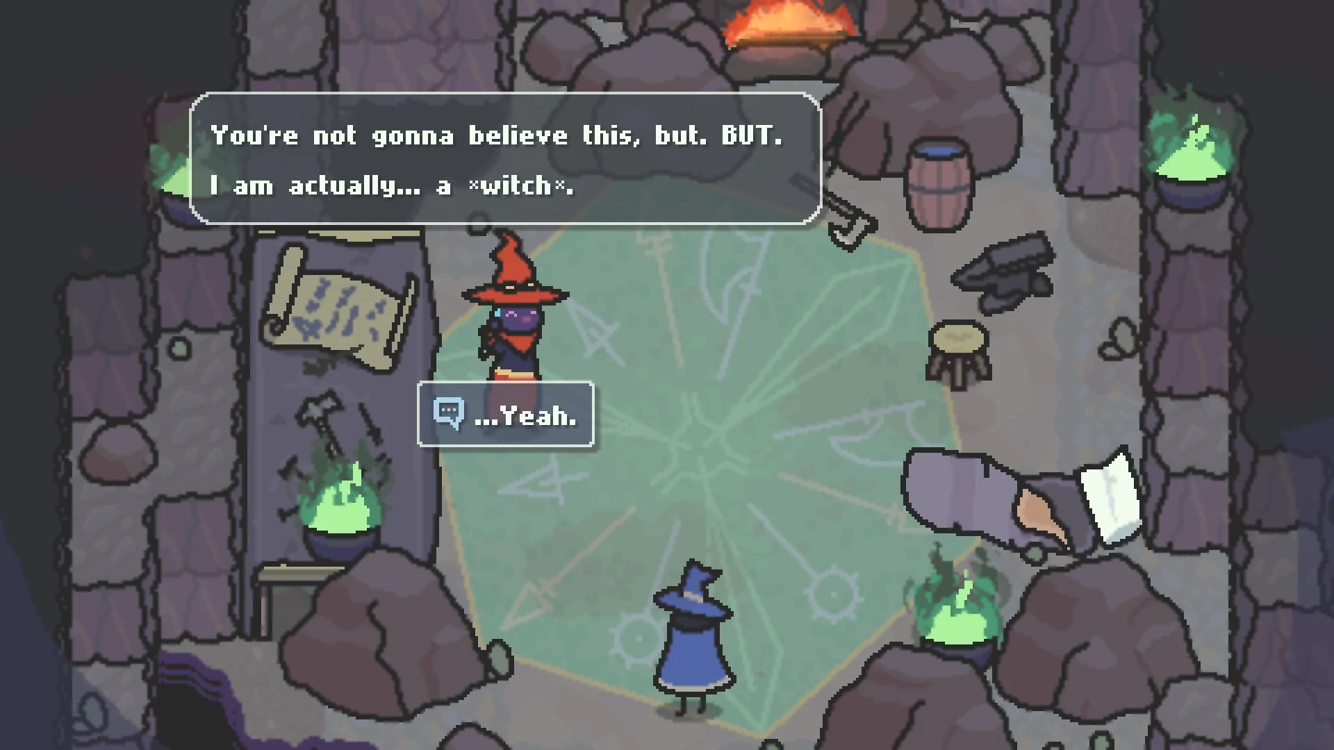 Scrabdackle: Two wizards converse in a rocky cave with glowing runes and green flames nearby.