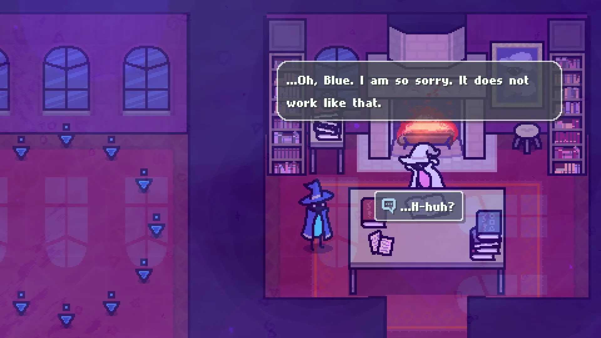 Scrabdackle: Wizard in blue robe converses with character in a cozy, book-filled room with fireplace.