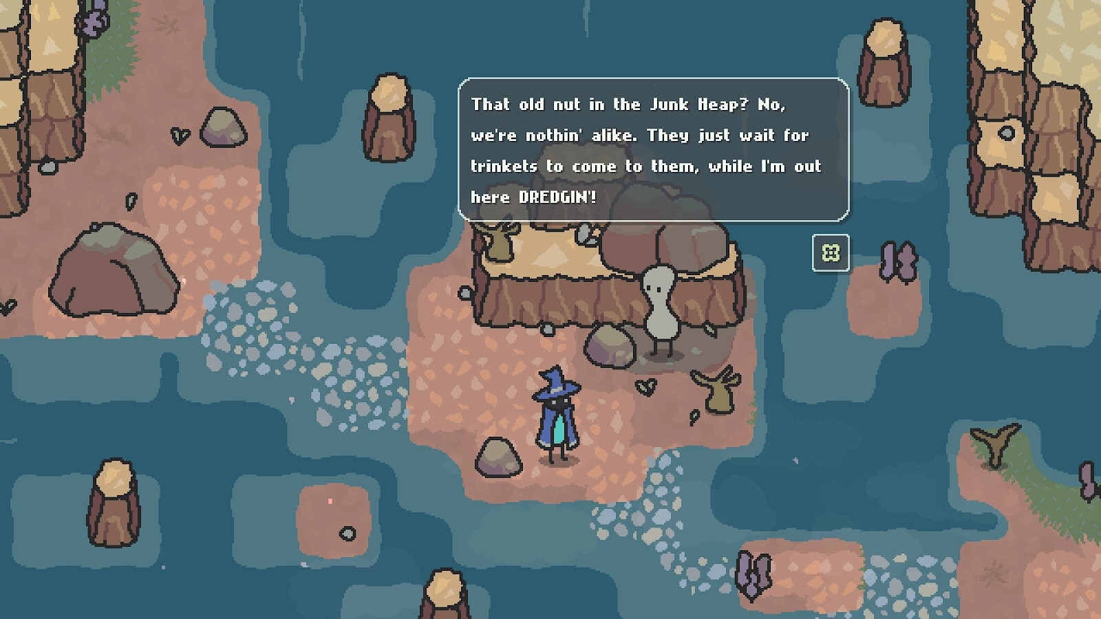 Scrabdackle: Wizard conversing with quirky creature near a rocky island surrounded by water.