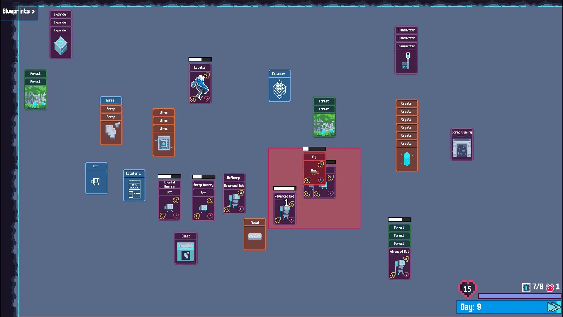 Scrap Collector: Card layout with various bots, resources, and interface elements on a blue background