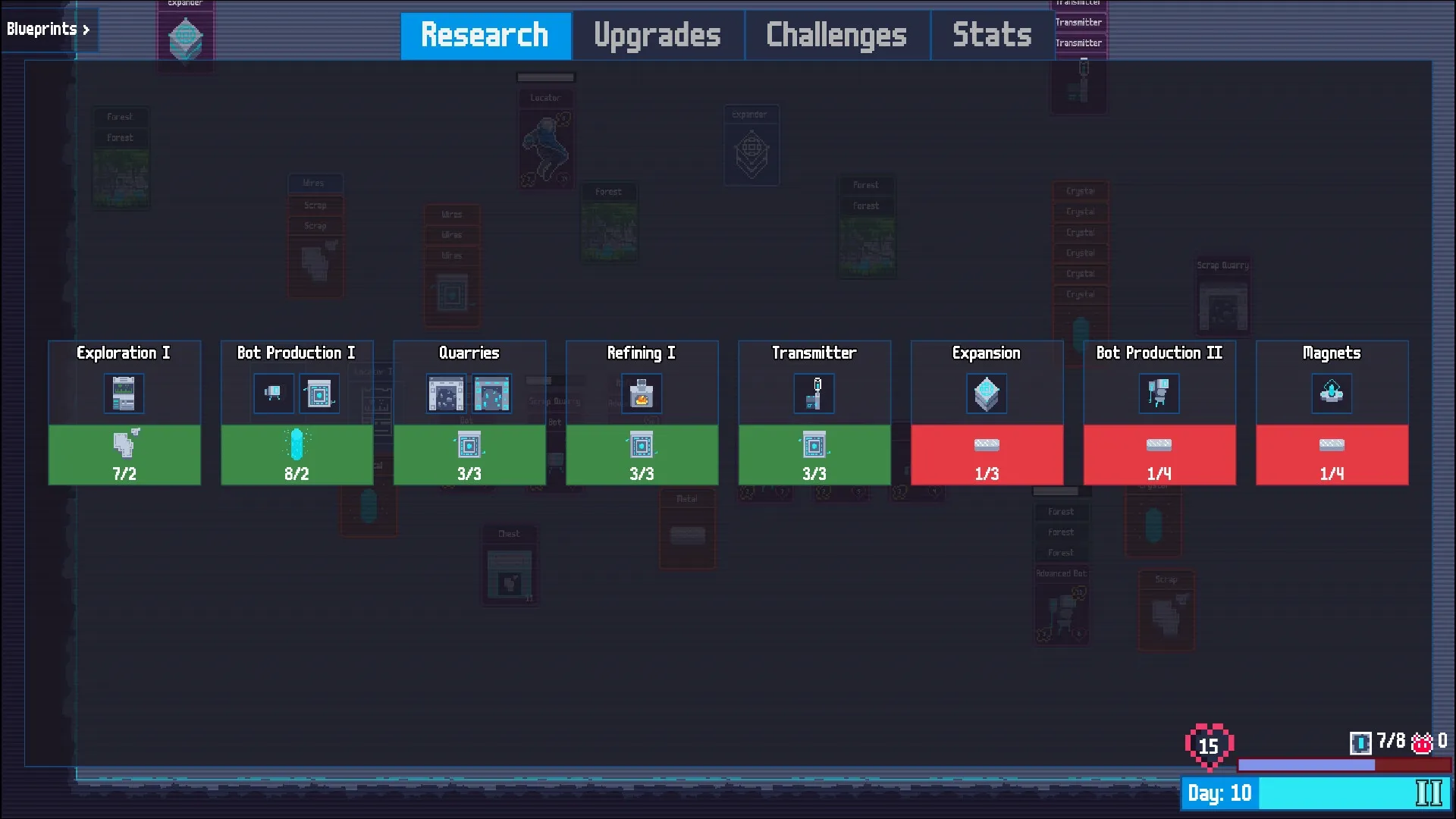Scrap Collector: Research menu showing various tech upgrades with progress bars in a dark interface
