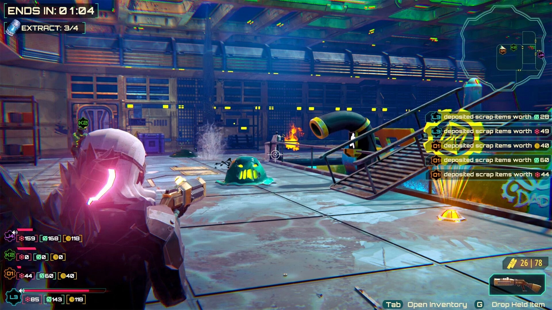 Scrap Daddies: Player in combat with slime creatures inside industrial deep-sea base, UI showing scrap value.