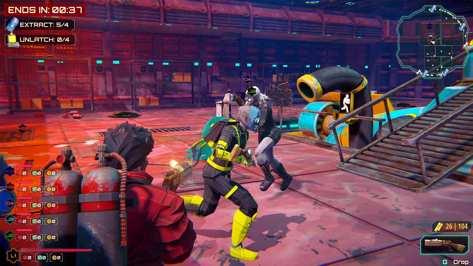 Scrap Daddies: Players in combat with countdown timer and extraction progress in industrial base.