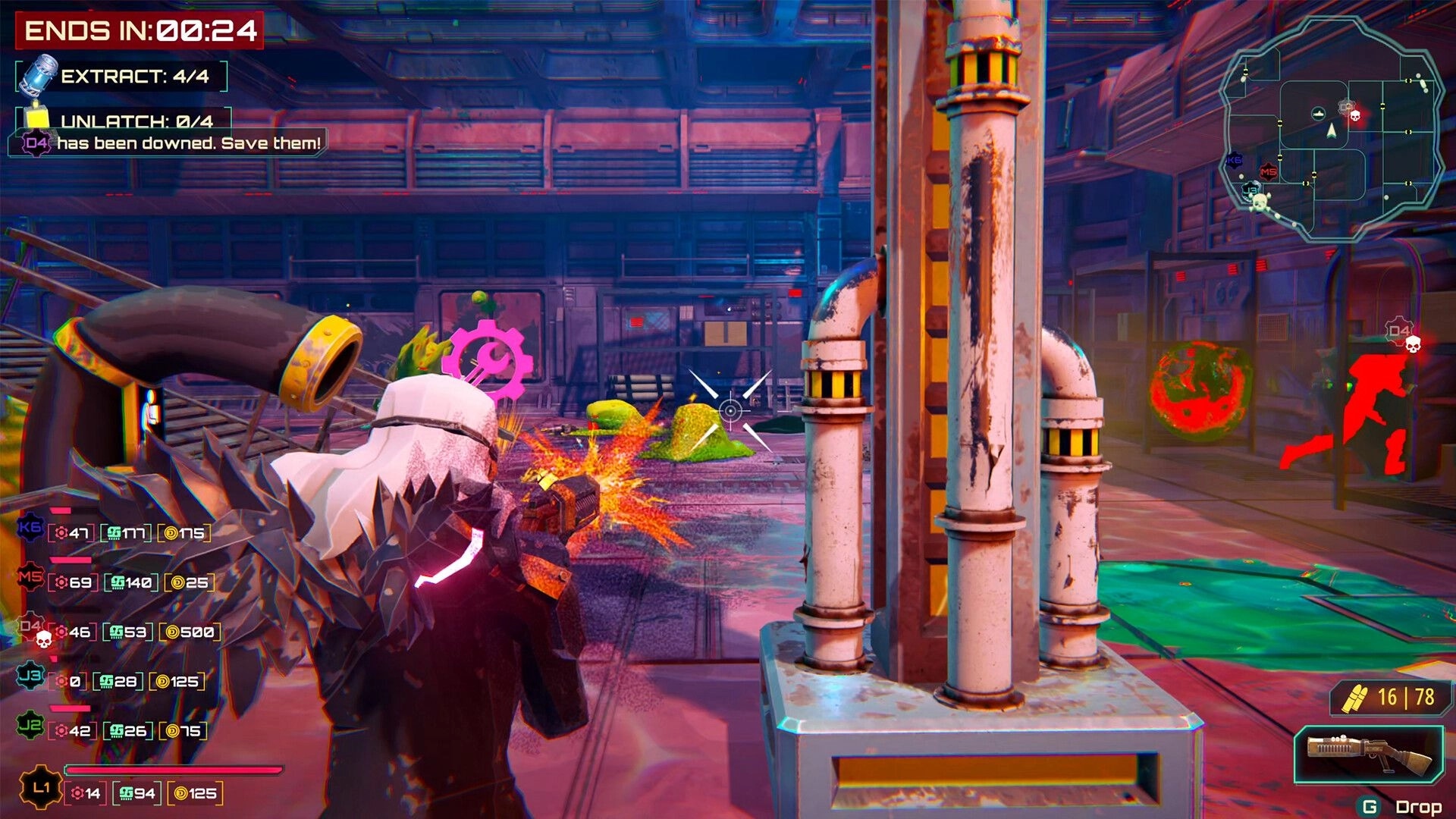 Scrap Daddies: Player firing at enemies in industrial platform with countdown and team status displayed