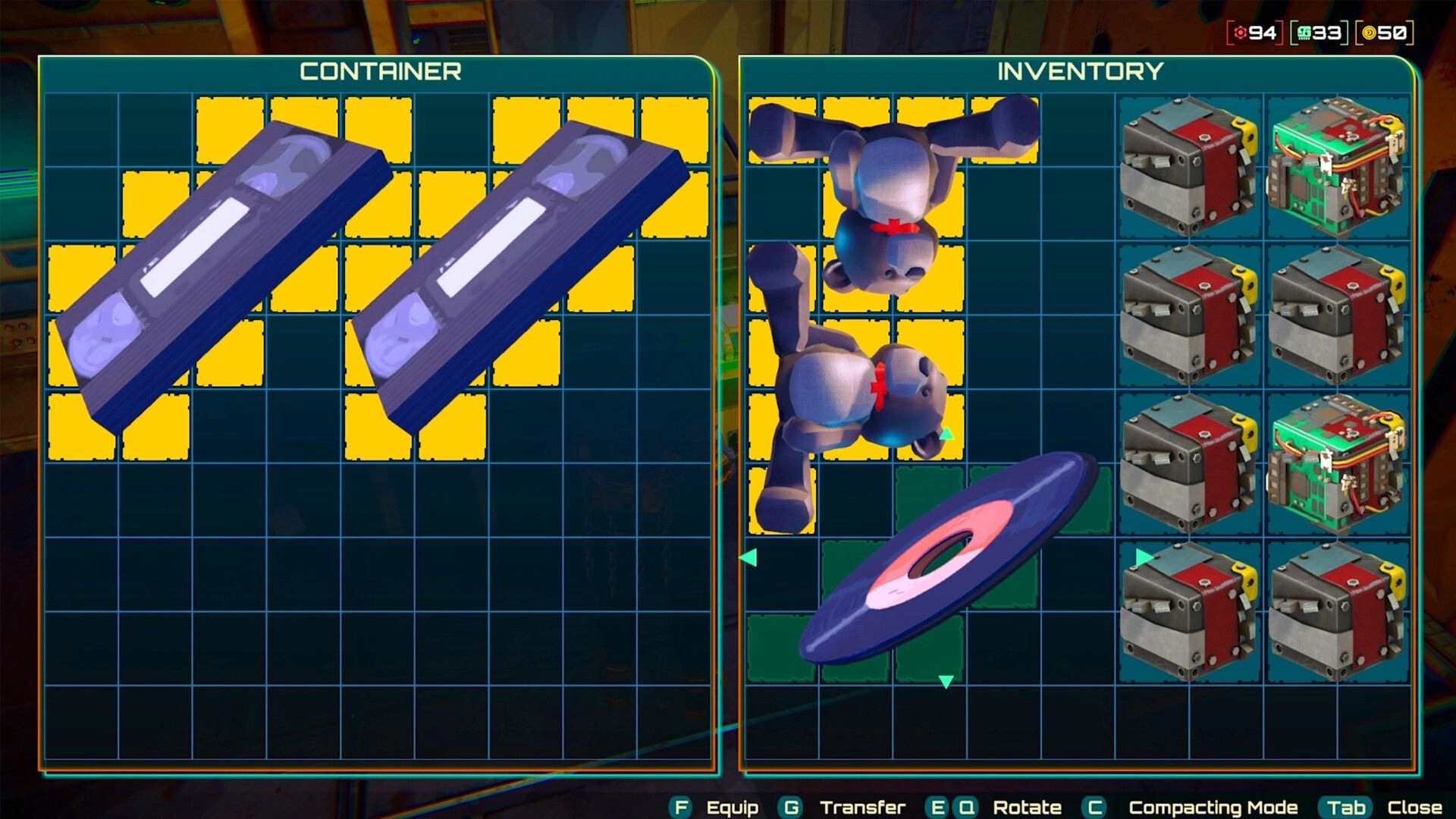 Scrap Daddies: Inventory management screen showing items like power cells and robot parts in base.