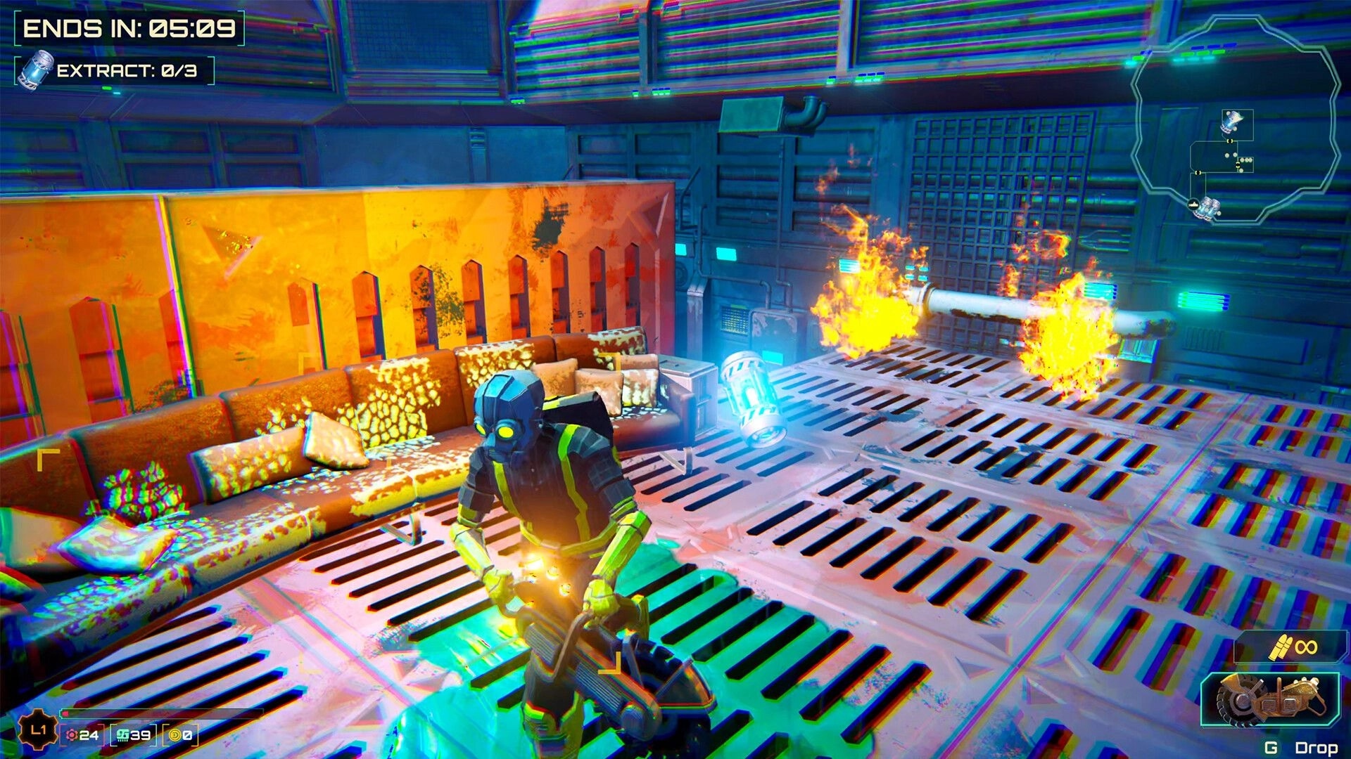 Scrap Daddies: Player wielding a chainsaw in a fiery industrial room with time and extraction UI visible.
