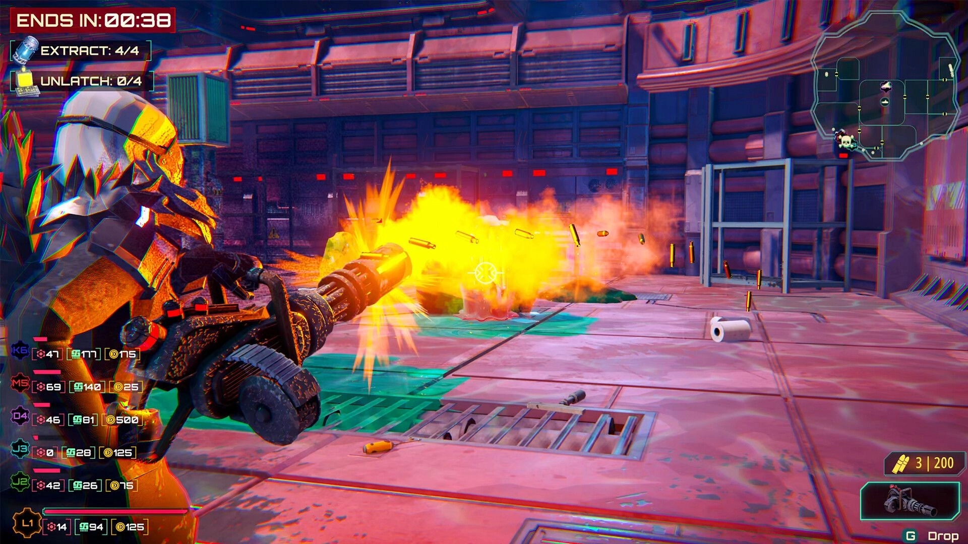 Scrap Daddies: Player firing minigun in industrial base with countdown timer and status objectives displayed