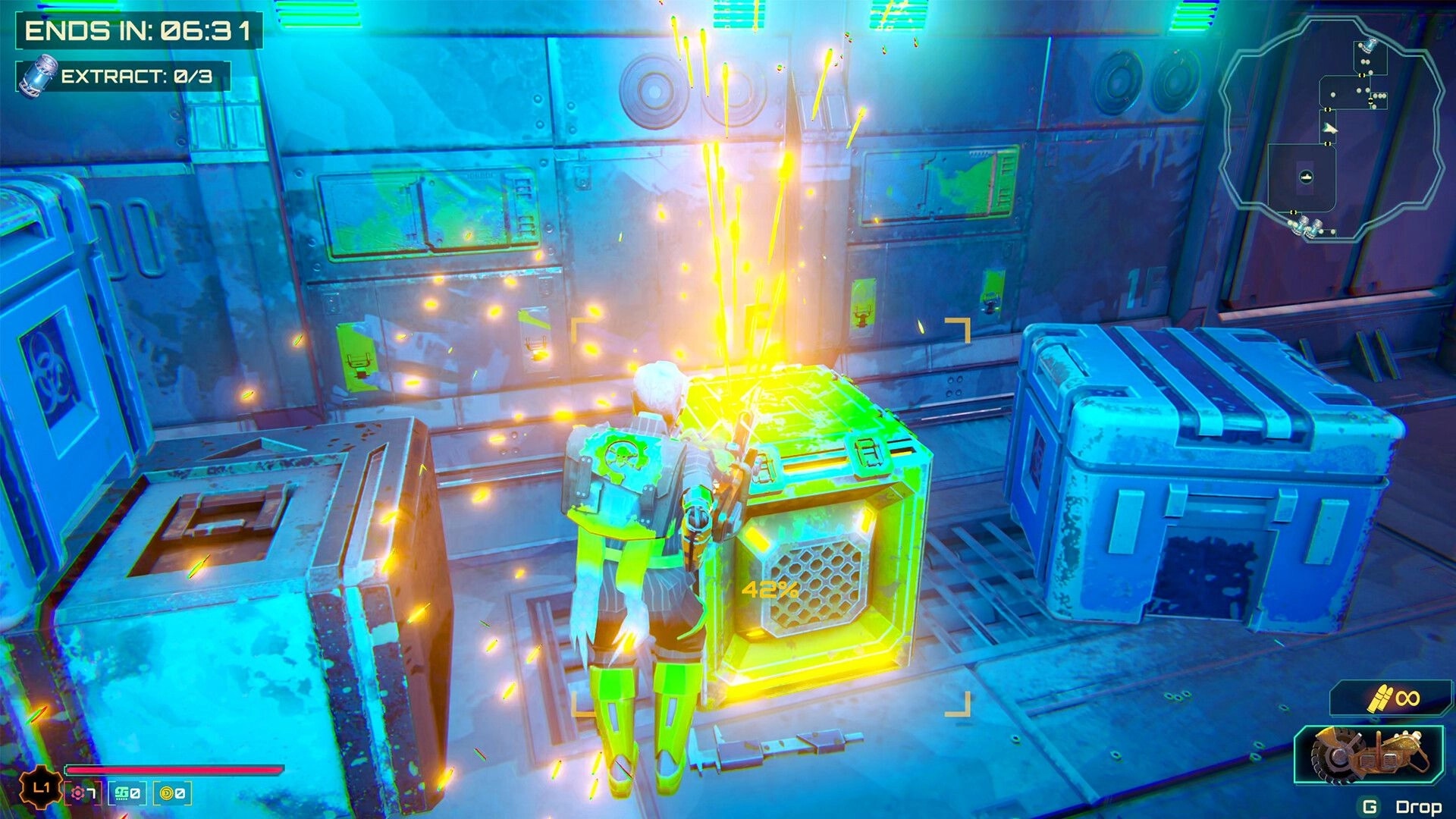 Scrap Daddies: Player extracting resources from a glowing crate in an underwater base hallway