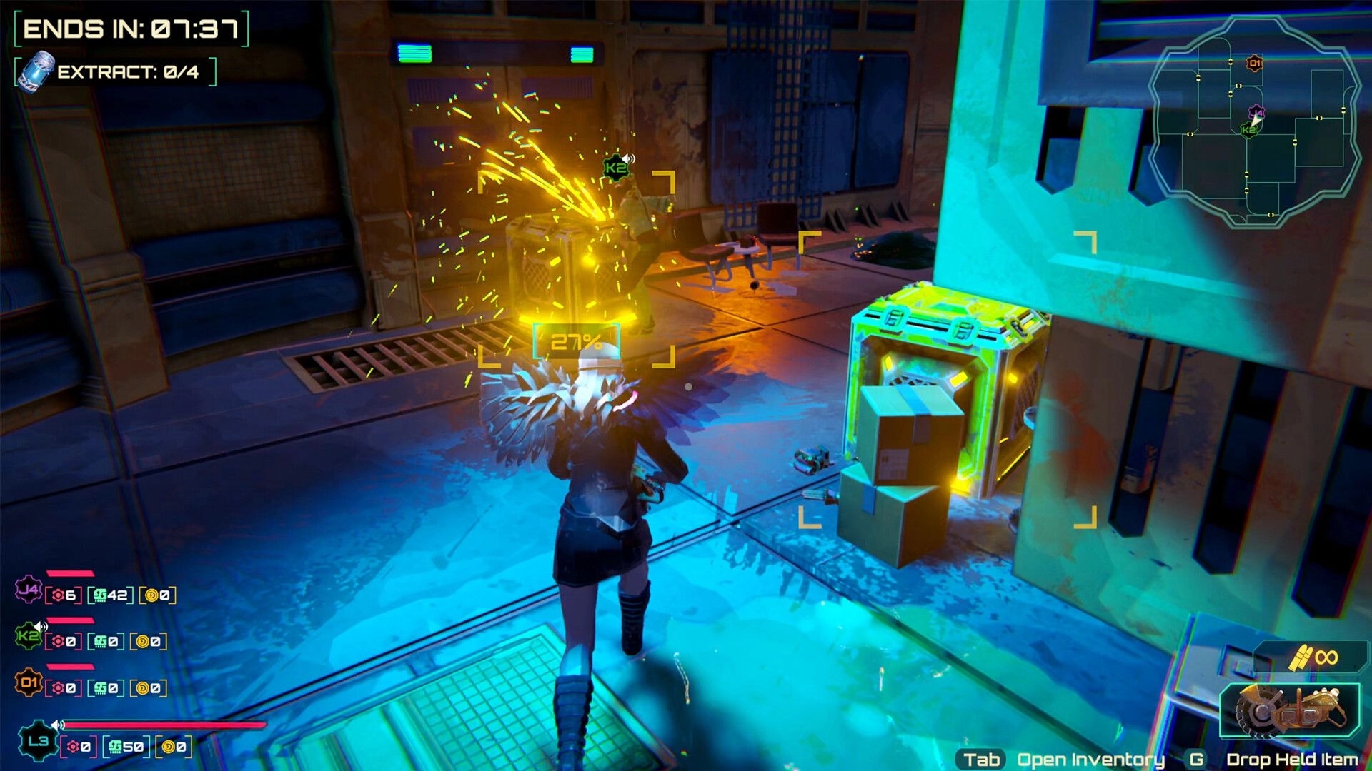 Scrap Daddies: Player gathers power cells in a neon-lit deep-sea base with active mission timer.