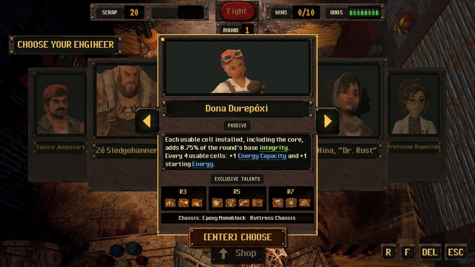 Scrapworks Inc.: Choose Your Engineer screen highlighting Dona Durepóxi with passive and talents list UI.