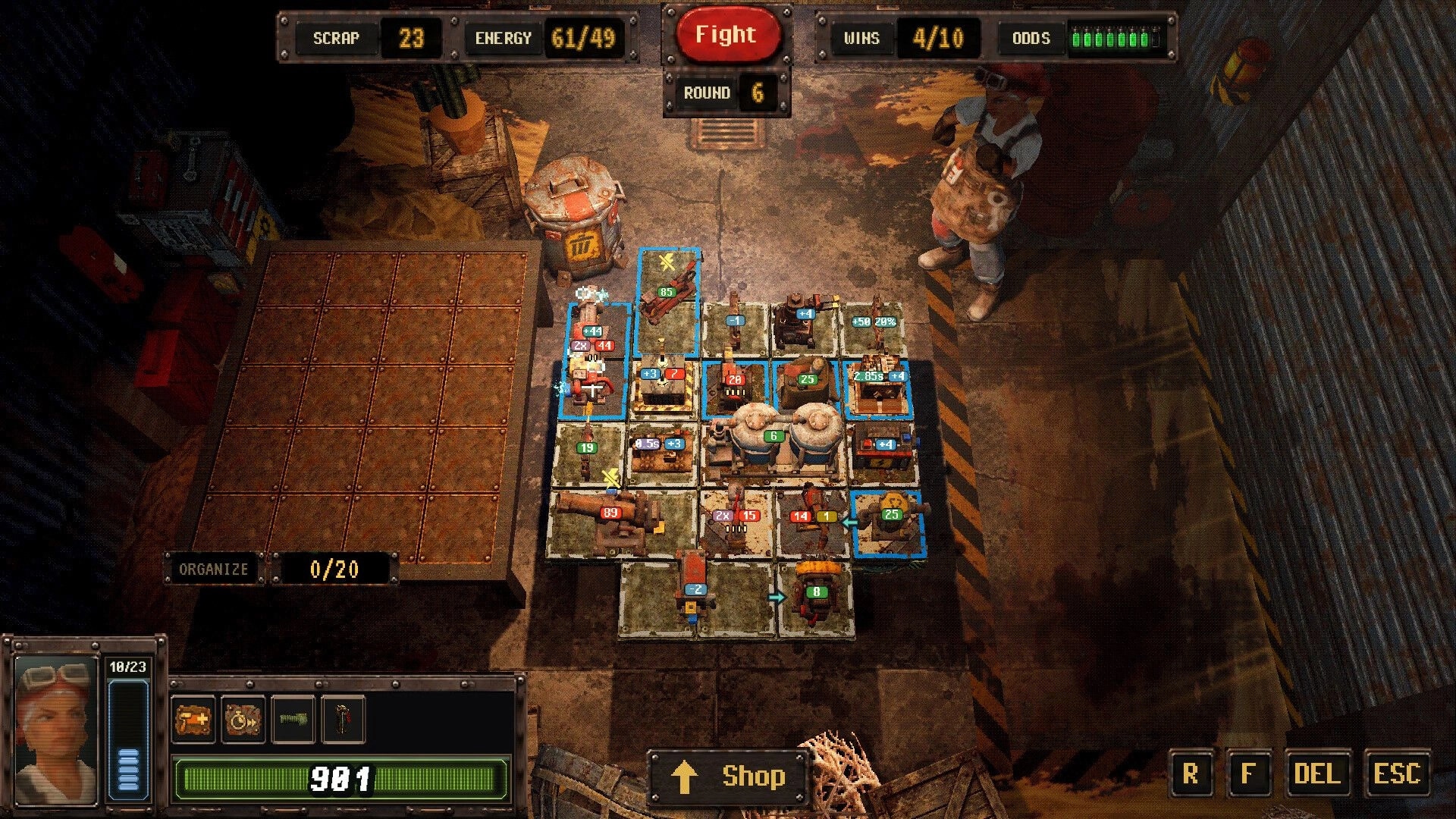Scrapworks Inc.: Build grid with wired scrap modules and Fight button in a grimy workshop bay.