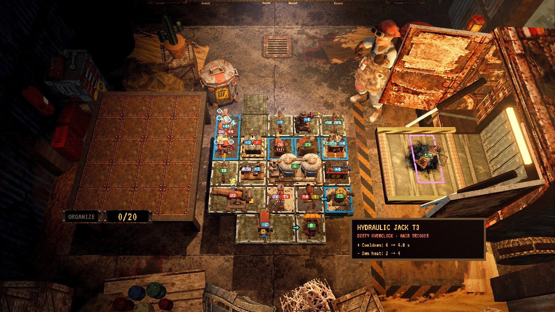 Scrapworks Inc.: Building a scrap machine on a grid with stats popups in a cluttered workshop bay.