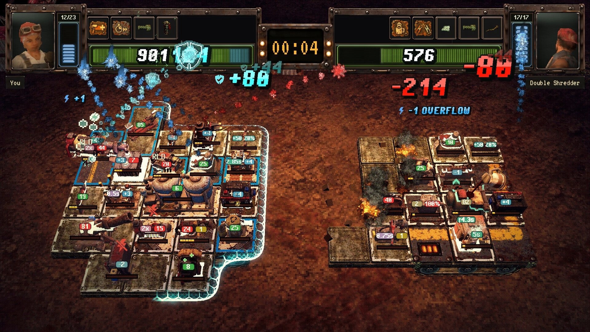 Scrapworks Inc.: PvP autobattle with two scrap machines trading damage on a grid arena, timer UI overhead.