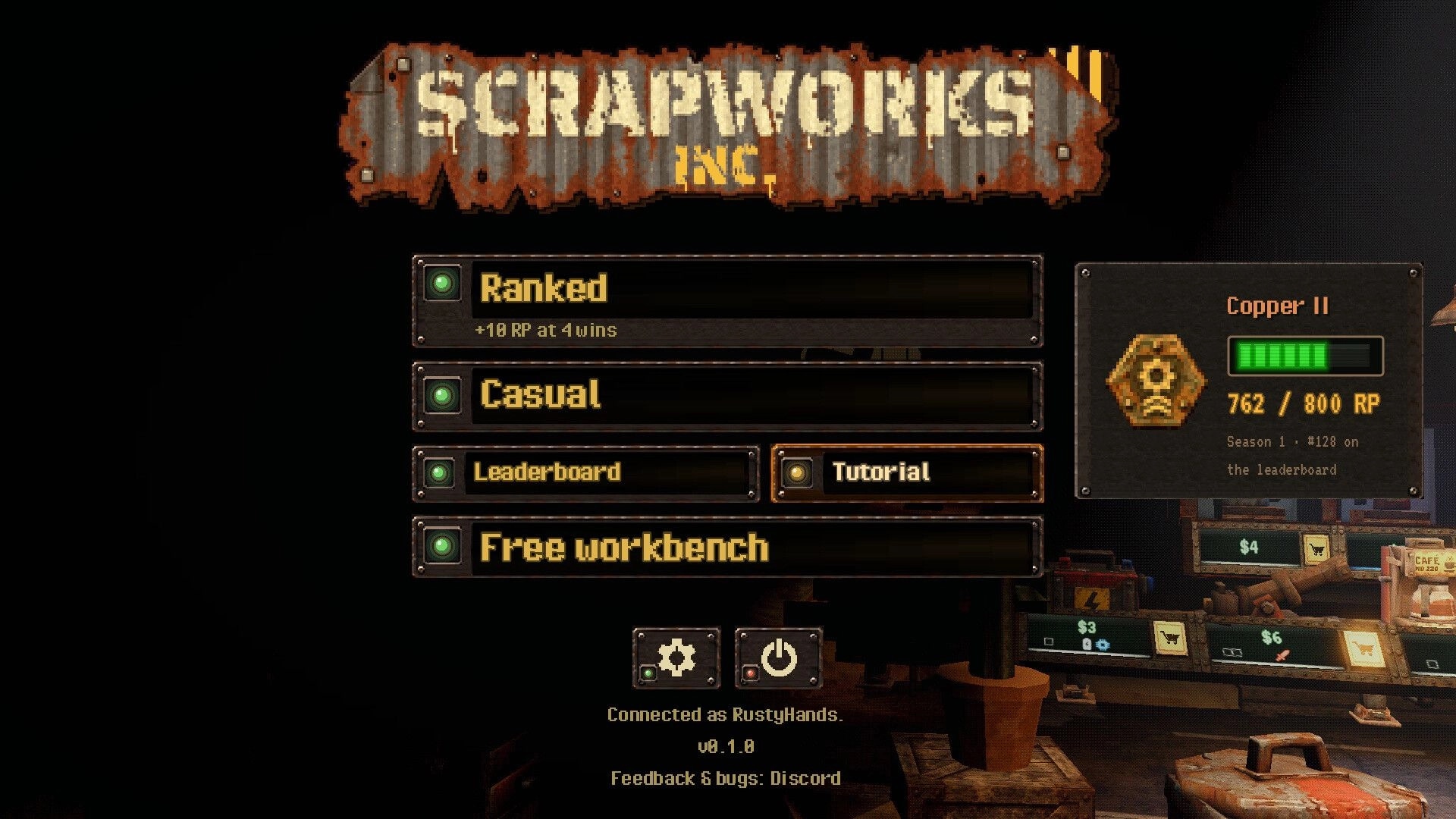 Scrapworks Inc.: Main menu with Ranked, Casual, Tutorial buttons and Copper II rank panel in workshop.