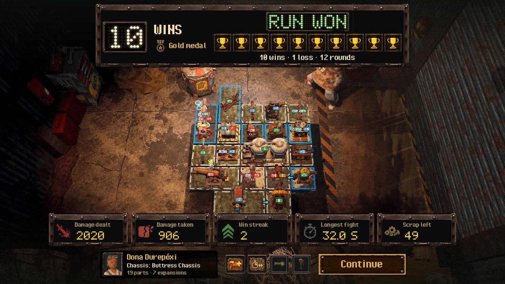 Scrapworks Inc.: Run won results screen over a grid machine build in a scrapyard arena with stats and Continue button.