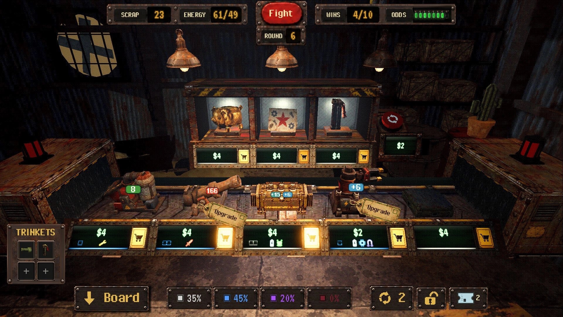 Scrapworks Inc.: Shop screen with three $4 items and Fight button in a dim scrapyard workshop UI.
