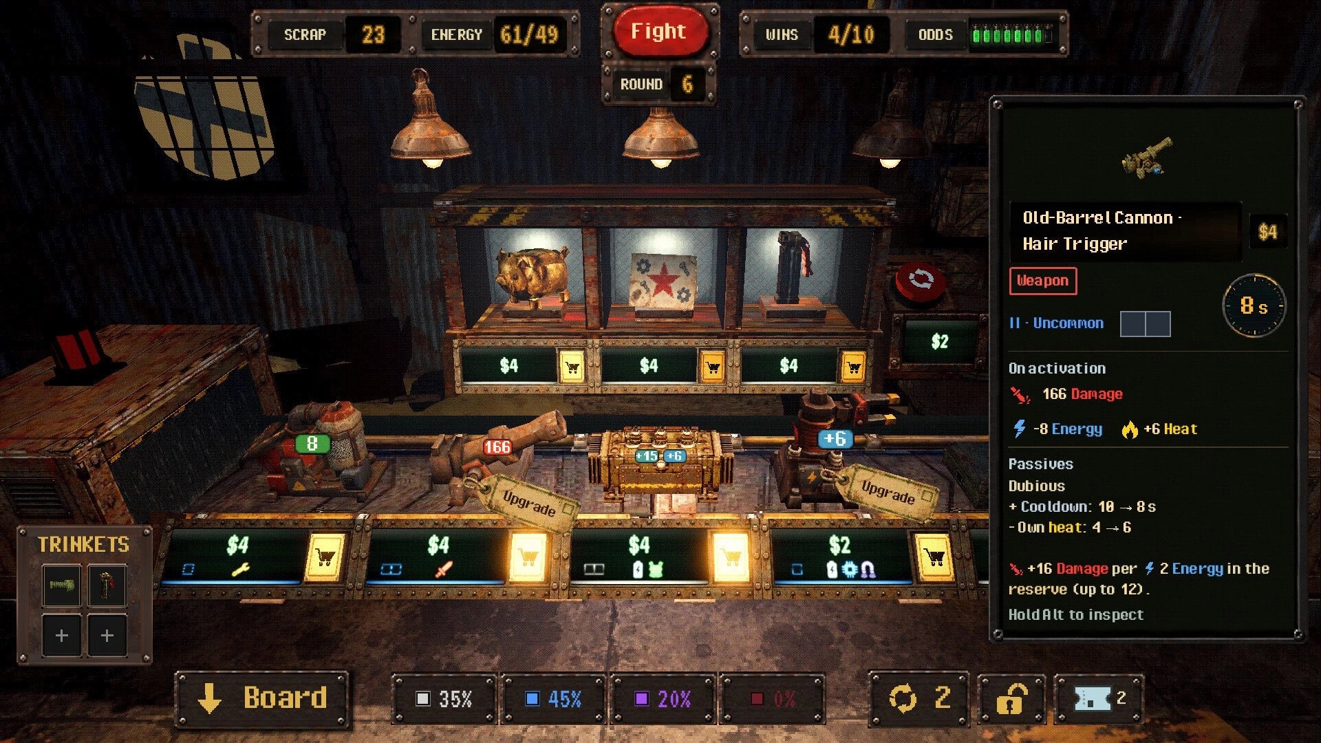 Scrapworks Inc.: Shop screen buying an Old-Barrel Cannon, scrap and energy counters in workshop bay.