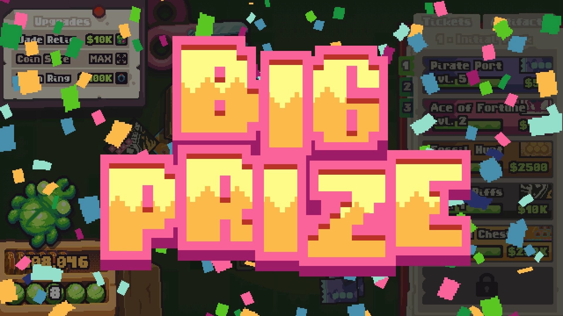 Scratch It! Lucky Cards: Big Prize banner with confetti over upgrades and tickets menus in shop UI.