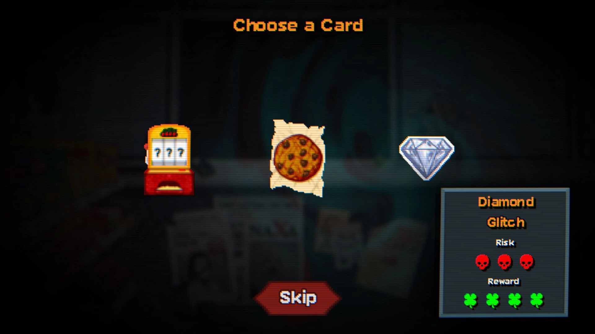 Scratch Off!: Choose a Card reward screen with slot, cookie, and Diamond Glitch options in dim room.